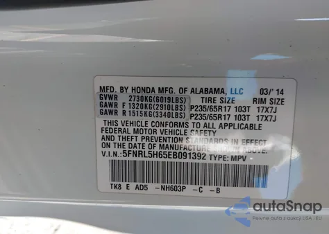 2014 Honda Odyssey Ex-L z USA, uszkodzony, nr VIN 5FNRL5H65EB091392